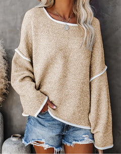 Casual Round Neck Long-sleeved Sweater Top in Solid Colors