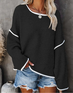 Casual Round Neck Long-sleeved Sweater Top in Solid Colors