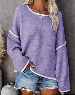 Casual Round Neck Long-sleeved Sweater Top in Solid Colors